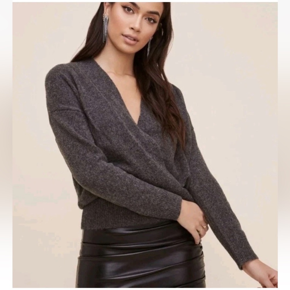 ASTR The Label Pleated Wrap Front Sweater Charcoal Gray XS Wool Blend Soft Cozy